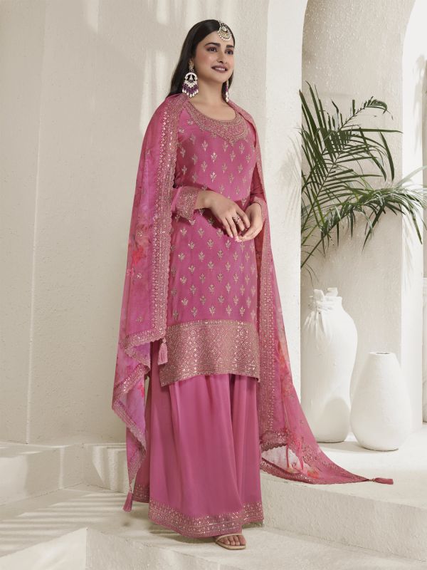 Rose Pink Zari Enhanced Straight Cut Salwar Suit With Floral Print