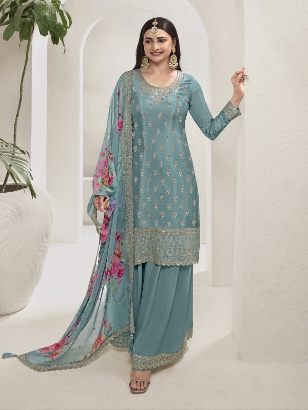 Light Blue Straight Cut Kameez Suit Set With Palazzo Style