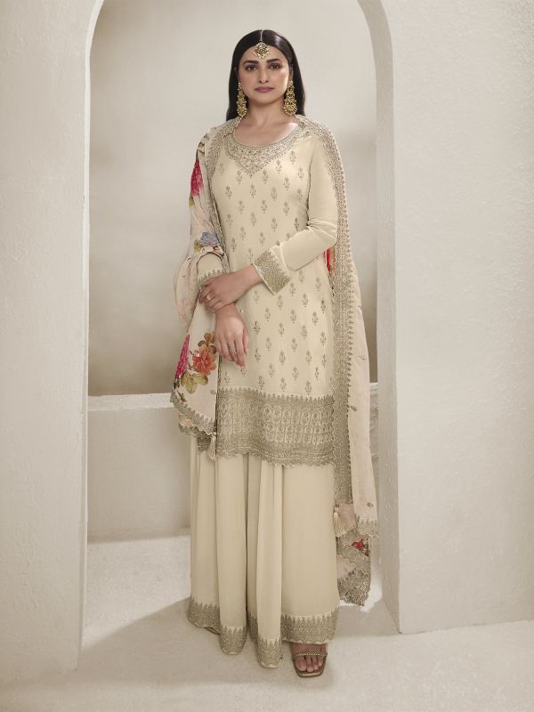 Creamy White Zari Augmented Palazzo Salwar Suit In Chinon Silk