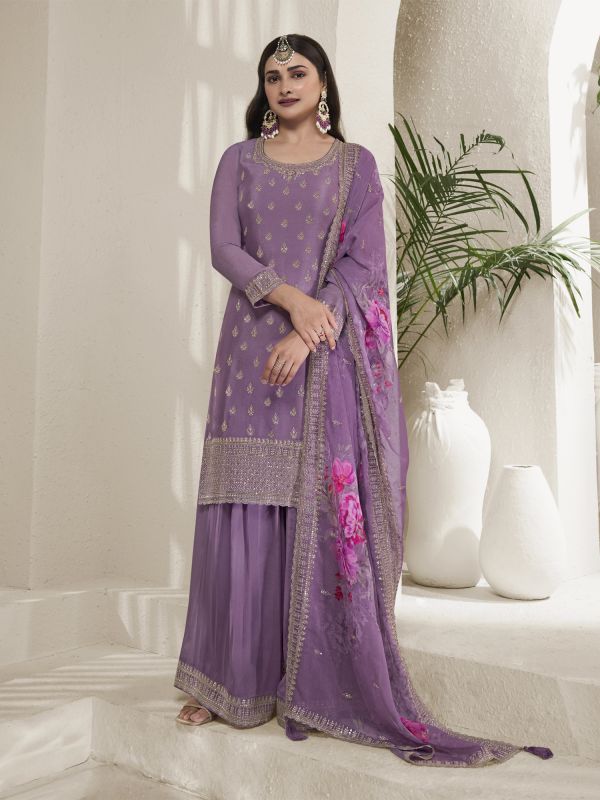 Lavender Purple Chinon Silk Palazzo Styled Salwar Suit In Zari Work