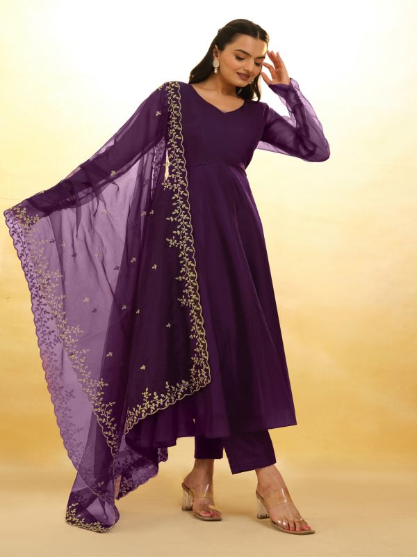Purple Stone Enhanced Anarkali Suit In Organza
