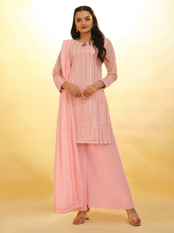 Rose Pink Georgette Straight Cut Salwar Suit In Palazzo Style