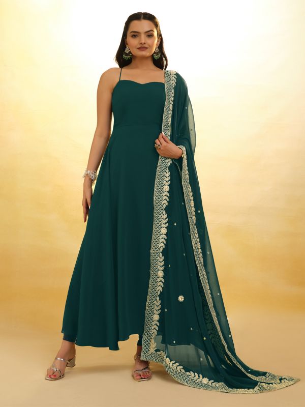 Teal Green Readymade Anarkali Salwar Suit In Georgette