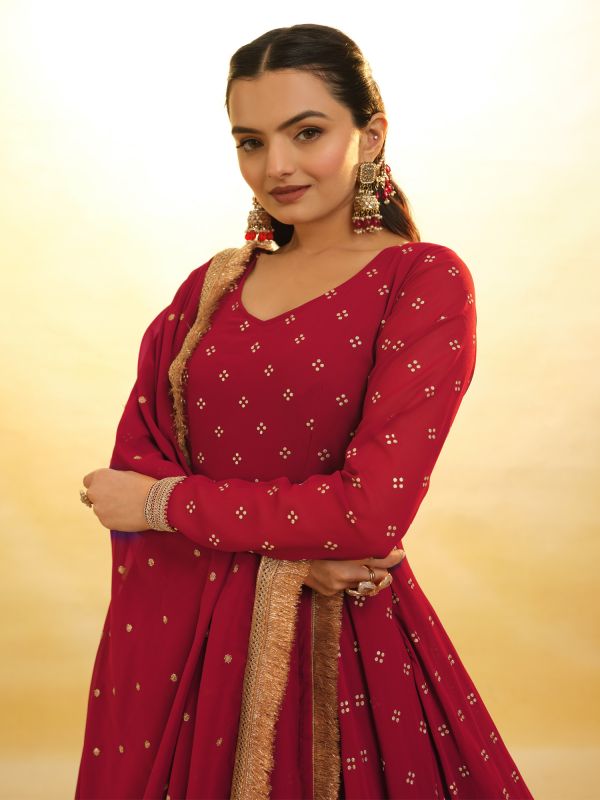 Red Anarkali Salwar Suit In Zari Work Embroidery
