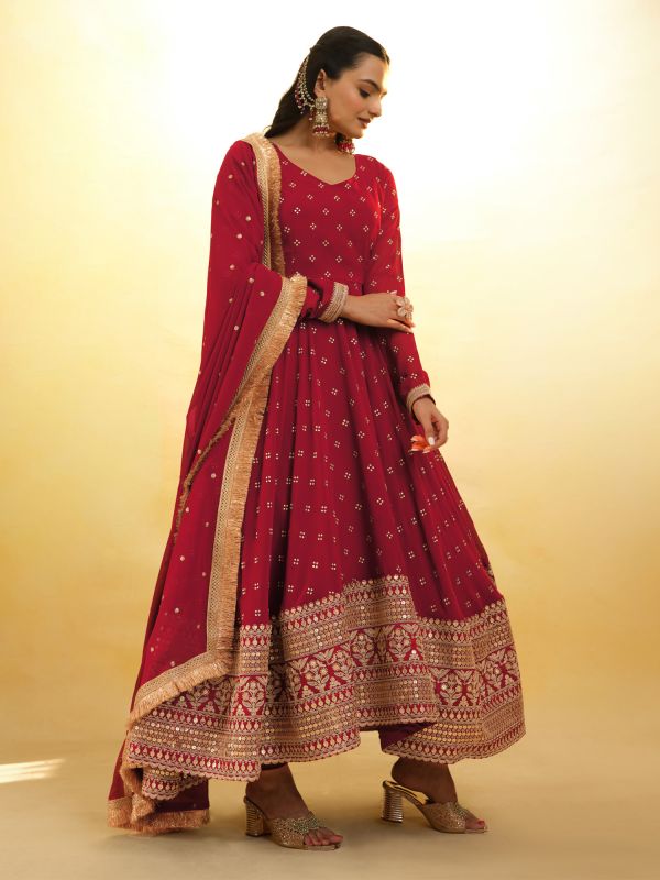 Red Anarkali Salwar Suit In Zari Work Embroidery