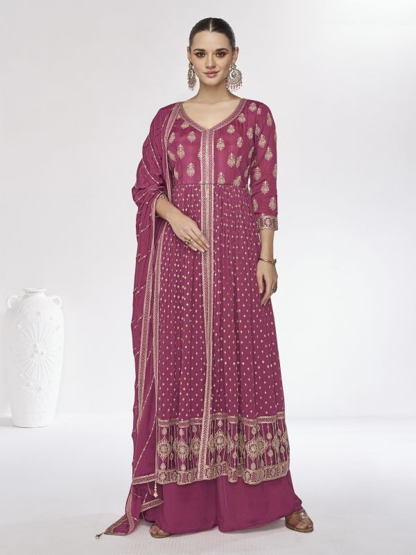 Magenta Pink Anarkali Style Salwar Suit In Chinon Silk