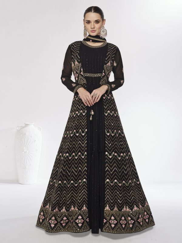 Black Zari Embroidered Party Wear Anarkali Suit With Open Shrug