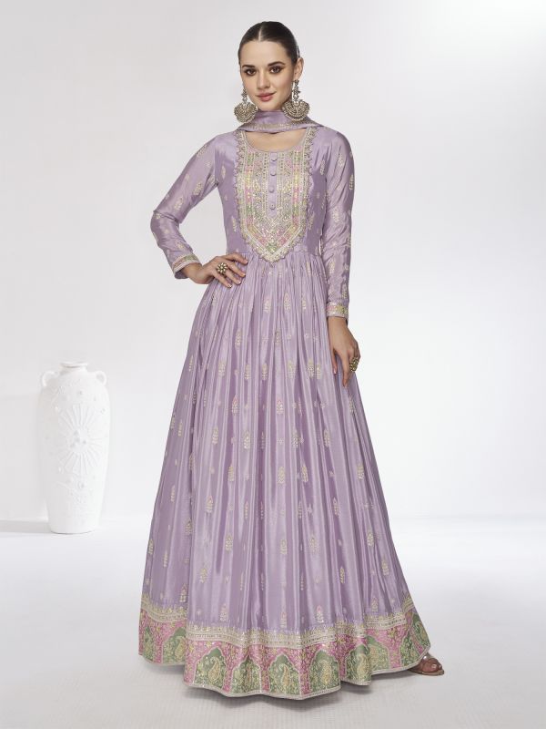 Lilac Purple Chinon Silk Anarkali Styled Suit In Sequins Embroidery