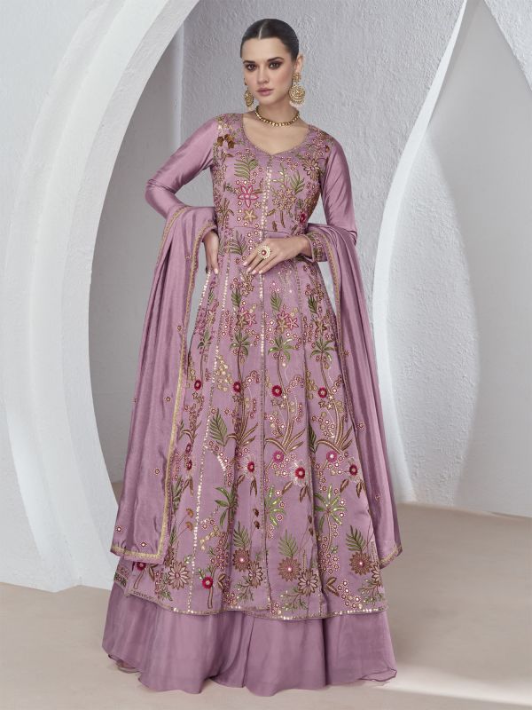 Onion Purple Resham Embroidered Anarkali Salwar Suit In Silk