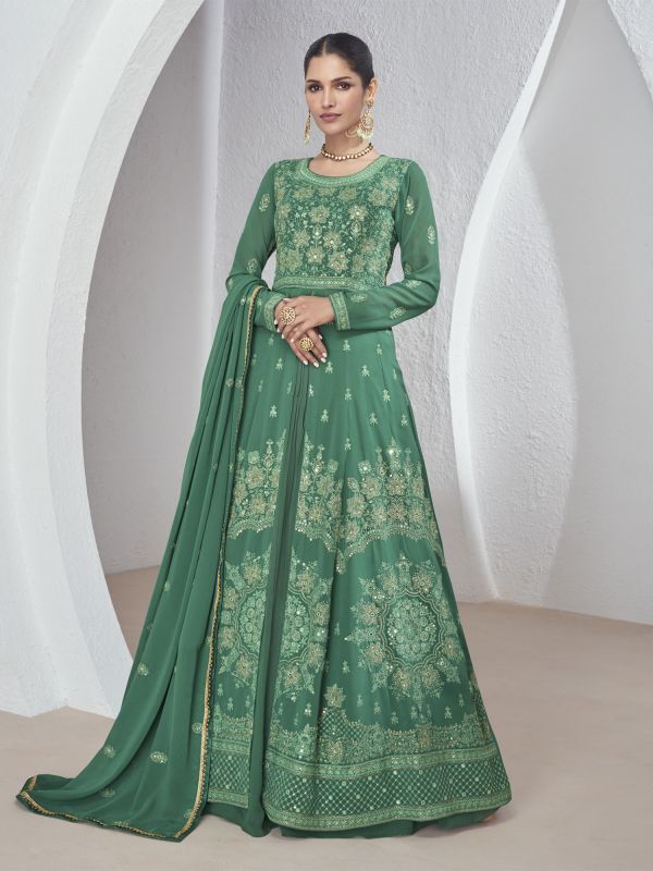 Fern Green Floor Length Mirror Work Enhanced Georgette Salwar Suit