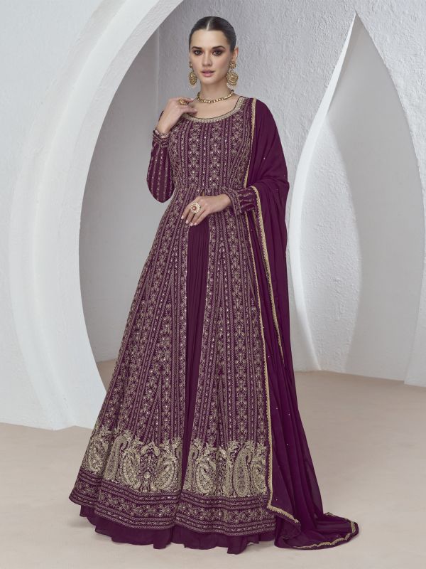 Wine Front Slit Styled Zari Embroidered Floor Length Salwar Suit