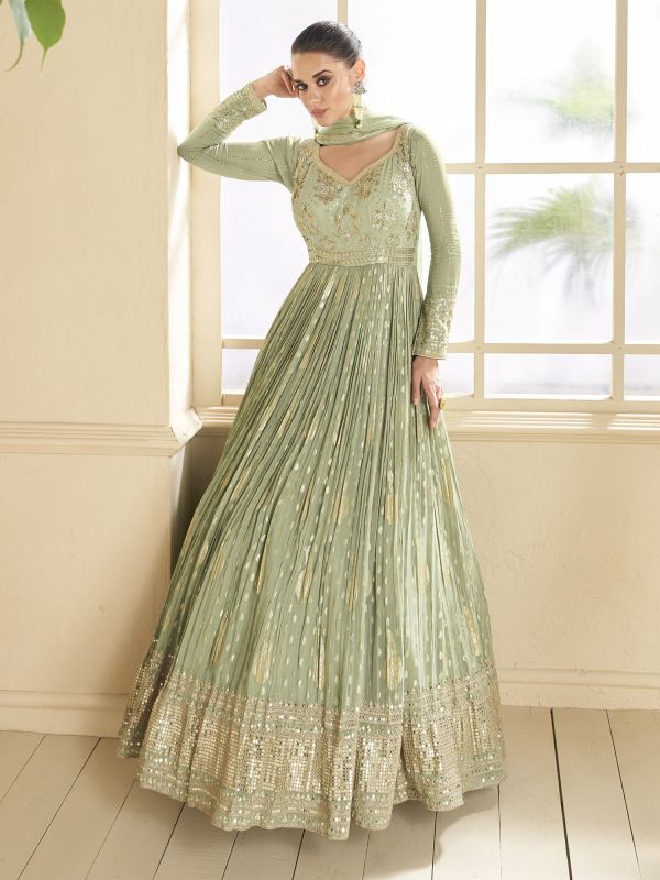 Olive Green Gota Patti Enhanced Floor Length Anarkali Style Salwar Kameez