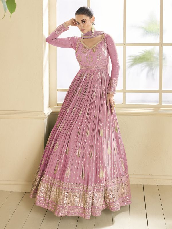 Pink Zari Embellished Anarkali Style Salwar Kameez In Viscose Jacquard