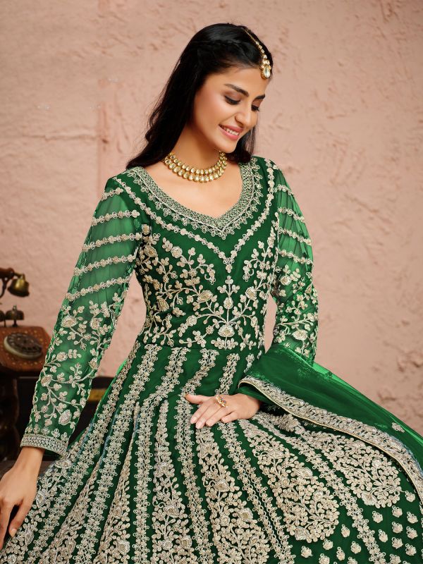 Dark Green Heavy Zari Embroidered Bridal Anarkali Salwar Suit In Net