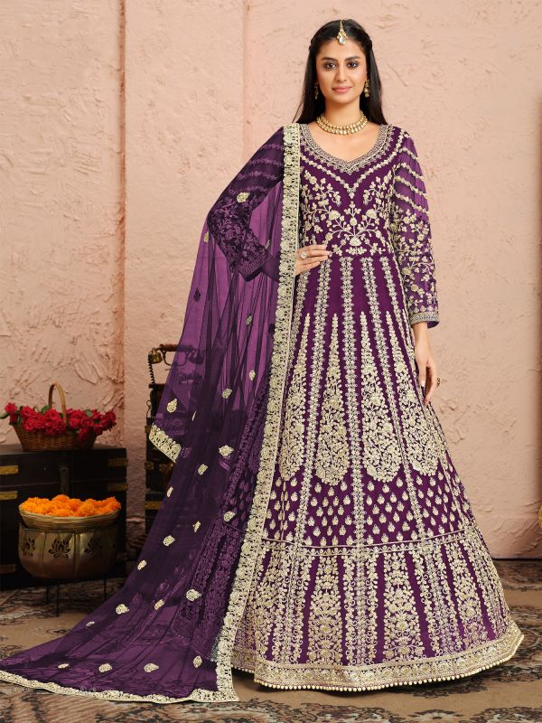 Deep Purple Bridal Net Anarkali Salwar Suit In Heavy Zari Embroidery