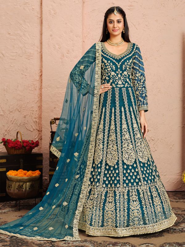 Indigo Blue Net Salwar Kameez In Net With Zari Work Embellishment