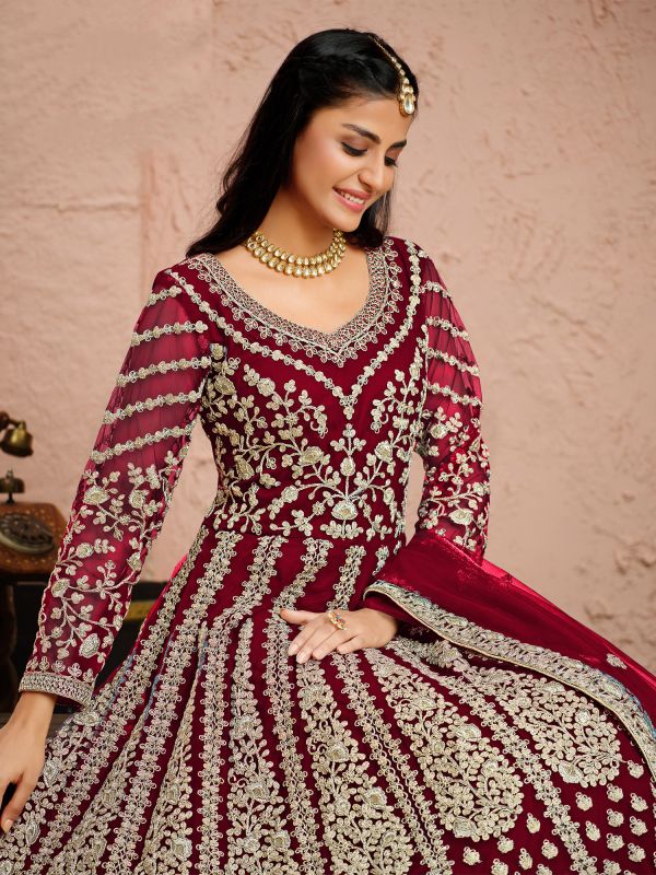 Maroon Bridal Salwar Kameez In Zari Embroidery With Anarkali Style
