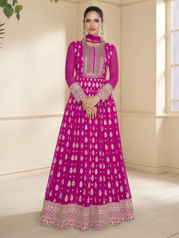Magenta Anarkali Styled Salwar Suit In Georgette With Zari Work