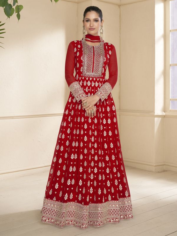Bright Red Georgette Salwar Suit In Zari Embroidery With Anarkali Style