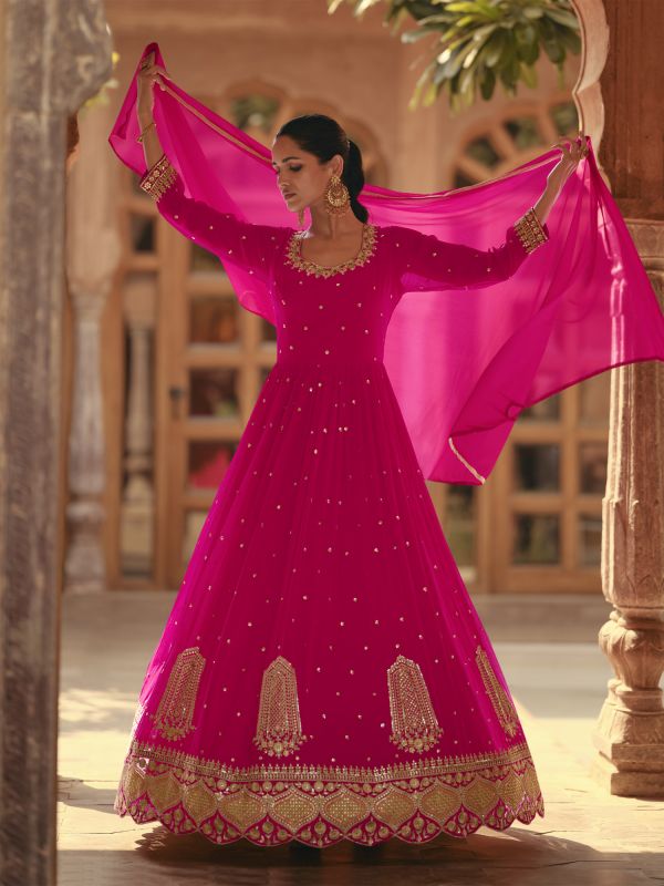 Rani Pink Zari Work Enhanced Anarkali Salwar Suit In Net