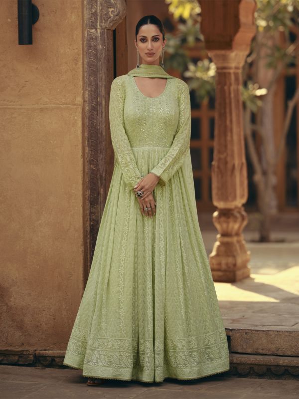 Olive Green Heavy Thread Embroidered Net Salwar Suit In Anarkali Style