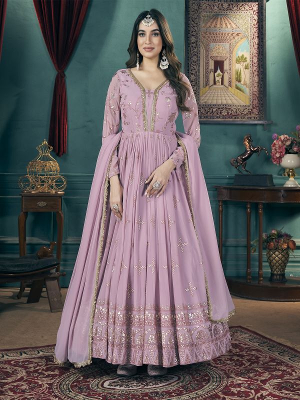 Lilac Purple Anarkali Style Salwar Suit In Foil Work Embellishments