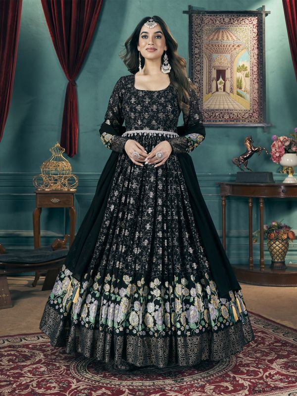 Black Floor Length Salwar Kameez In Anarkali Style With Georgette Dupatta