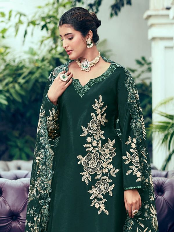 Dark Green Palazzo Style Salwar Suit In Chinon Silk With Floral Print