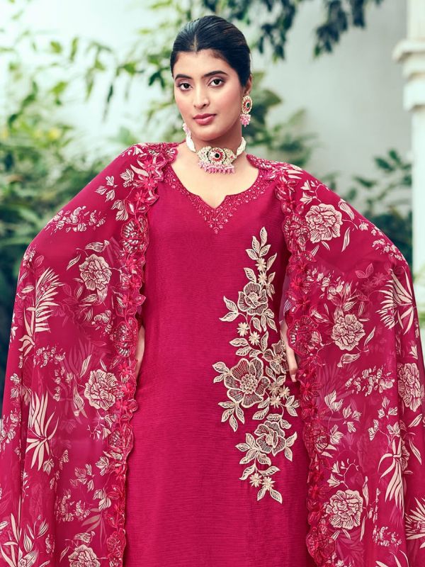 Rani Pink Chinon Silk Palazzo Suit With Floral Print Dupatta