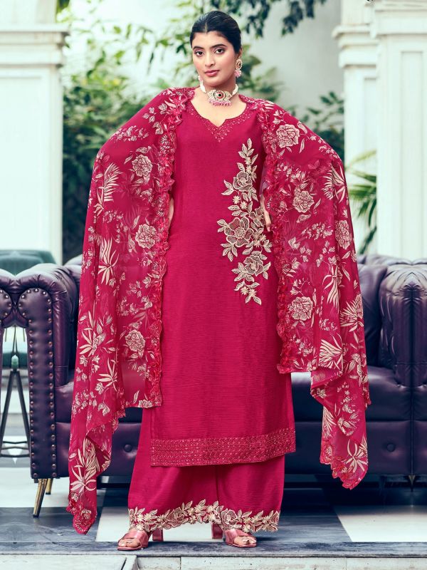 Rani Pink Chinon Silk Palazzo Suit With Floral Print Dupatta