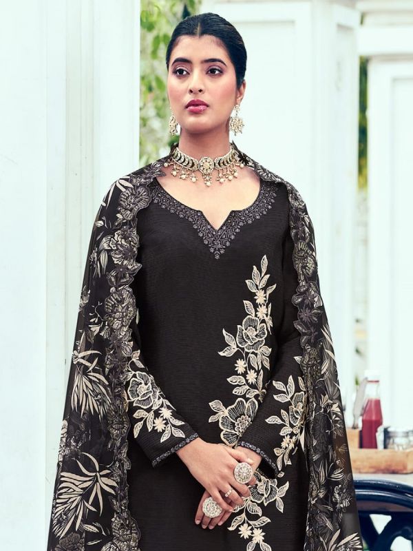 Black Chinon Silk Floral Embellished Salwar Suit With Palazzo Style