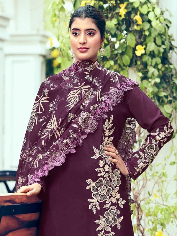 Wine Floral Work Salwar Kameez In Chinon With Palazzo