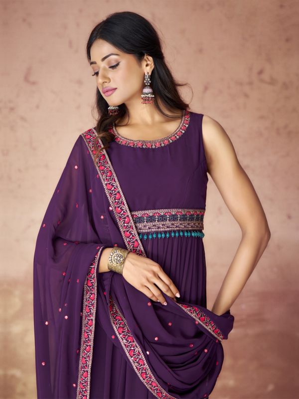 Purple Anarkali Style Suit Set In Georgette With Dupatta