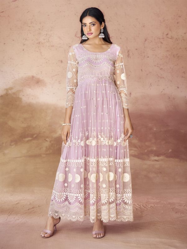 Taffy Pink Thread Embroidered Anarkali Style Salwar Suit In Net