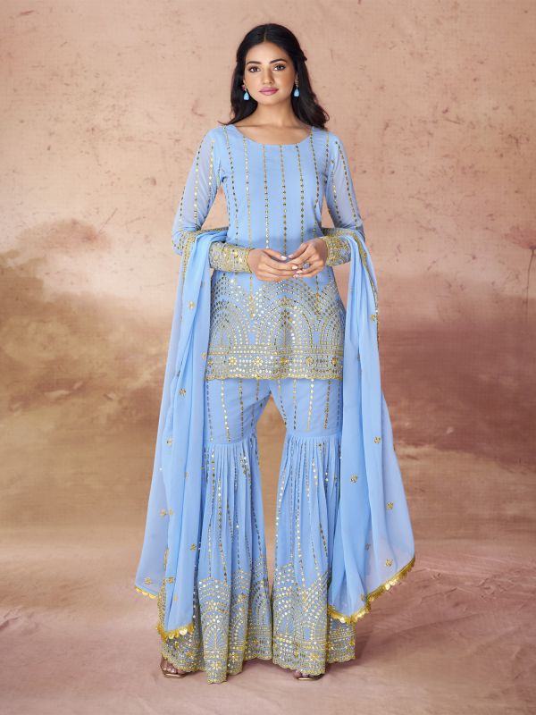 Light Blue Zari Work Enhanced Salwar Suit In Sharara Style