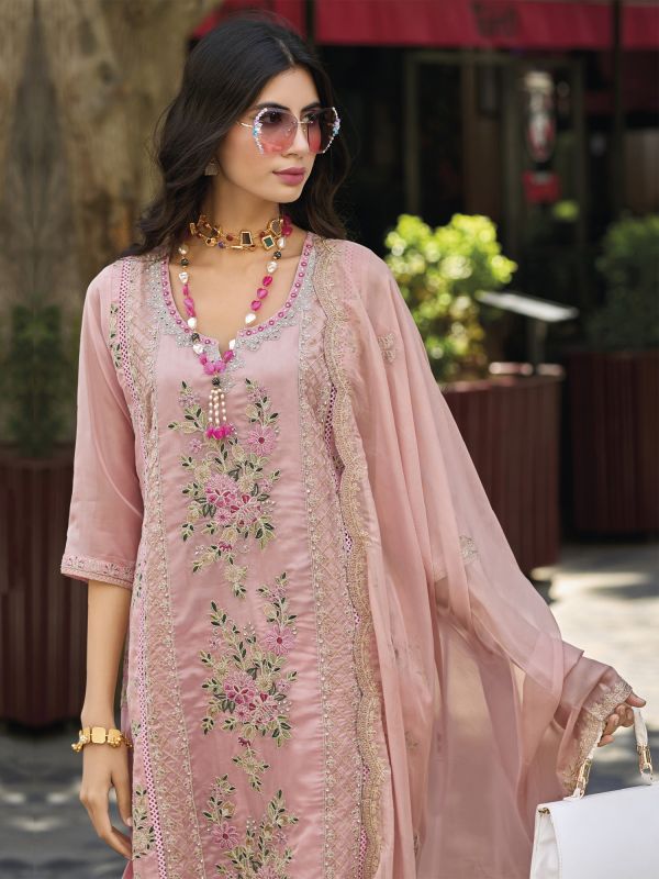Pink Readymade Salwar Kameez In Floral Thread Embroidery