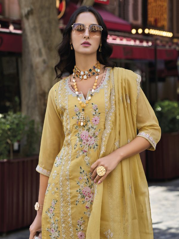 Yellow Pant Style Salwar Kameez In Floral Embroidery With Pant Style