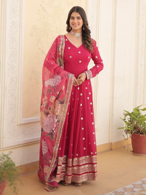 Rani Pink Sequins Enhanced Salwar Kameez In Anarkali Style