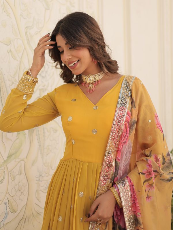Yellow Anarkali Style Readymade Salwar Kameez In Georgette