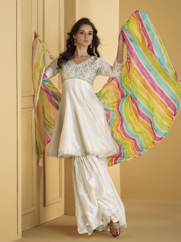 White Sharara Style Suit In Gota Work With Lehariya Dupatta
