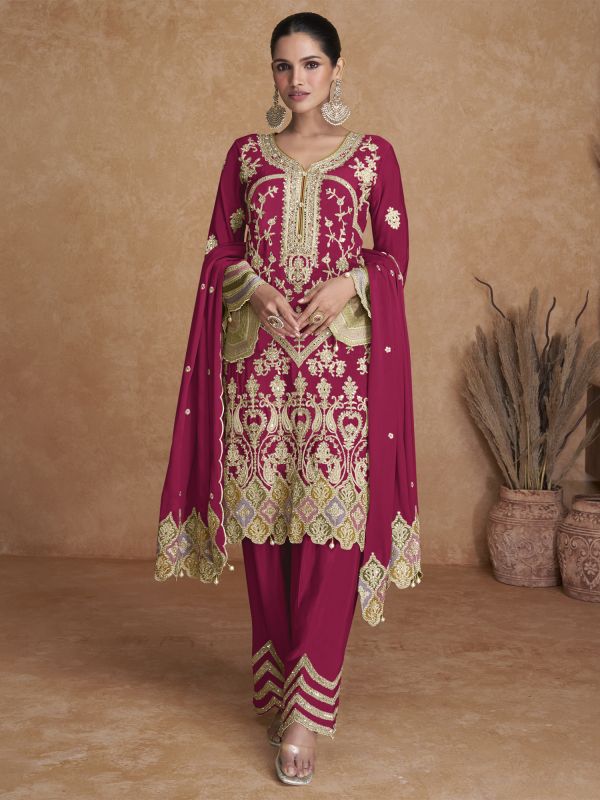 Rani Pink Heavy Zari Embroidery Salwar Suit In Chinon Silk