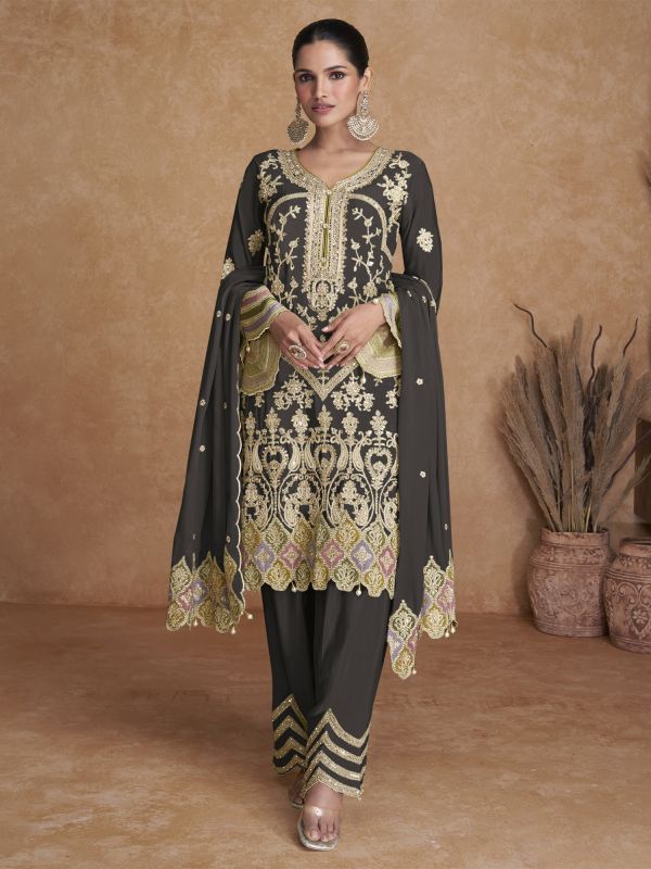 Dark Grey Chinon Silk Embroidered Salwar Kameez