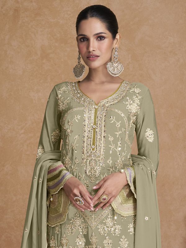 Olive Green Pant Style Salwar Suit In Silk Embroidery