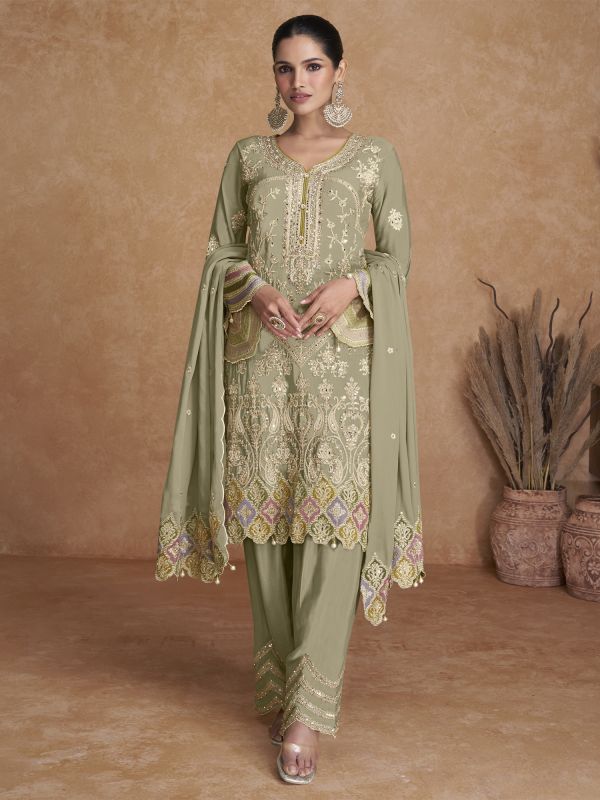 Olive Green Pant Style Salwar Suit In Silk Embroidery