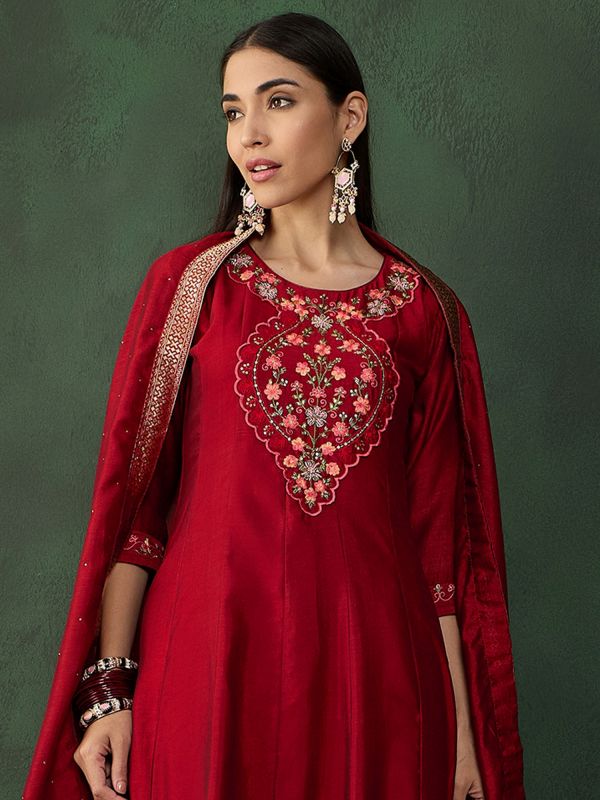 Red Thread Work Salwar Suit In A-Line Pattern