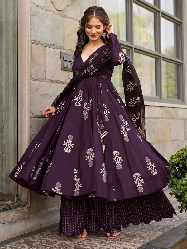 Wine Readymade Anarkali Style Kameez In Muslin