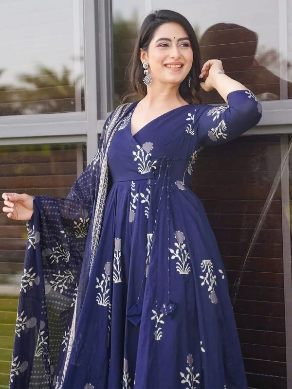 Navy Blue Printed Anarkali Style Salwar Suit In Muslin