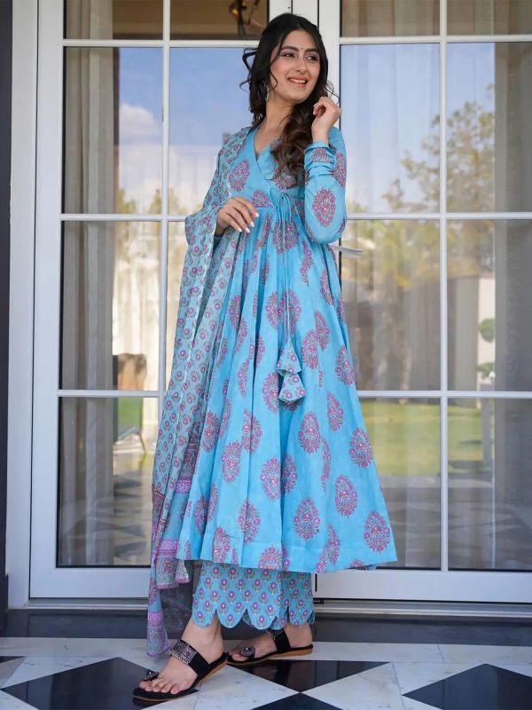 Blue Block Printed Palazzo Suit Set With Anarkali Style