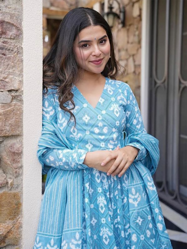 Sky Blue Readymade Salwar Suit In Anarkali Style