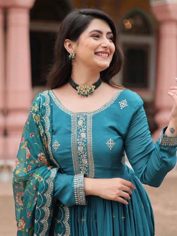 Teal Blue Anarkali Style Salwar Suit With Floral Dupatta